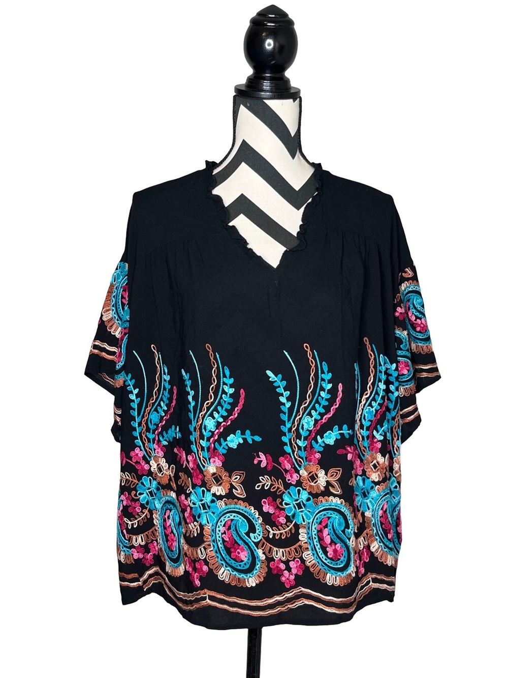 Umgee Floral Embroidered Boho Short-Sleeve Tunic Top Sz M